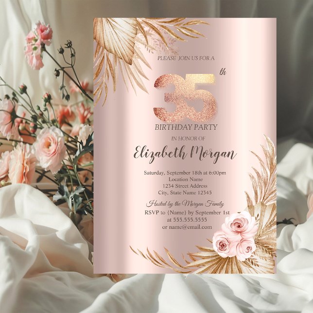 Invitation Fleurs Boho Pampas Rose Gold 35e Anniversaire (Créateur téléchargé)
