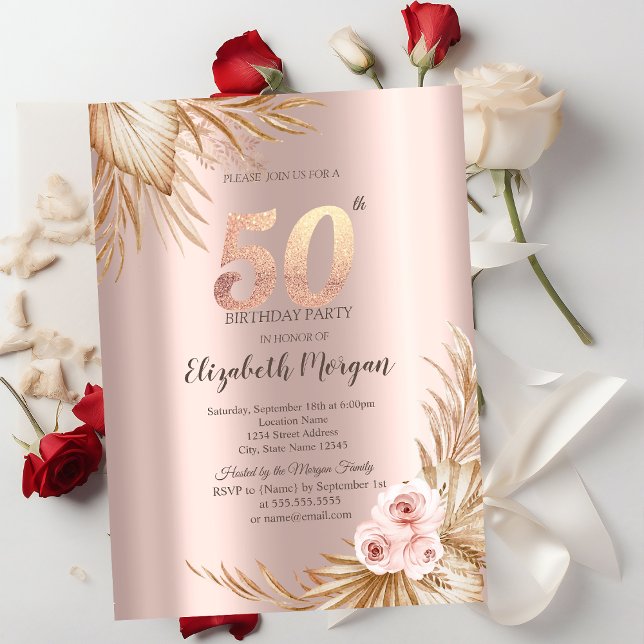 Invitation Fleurs Boho Pampas Rose Or 50e Anniversaire (Créateur téléchargé)