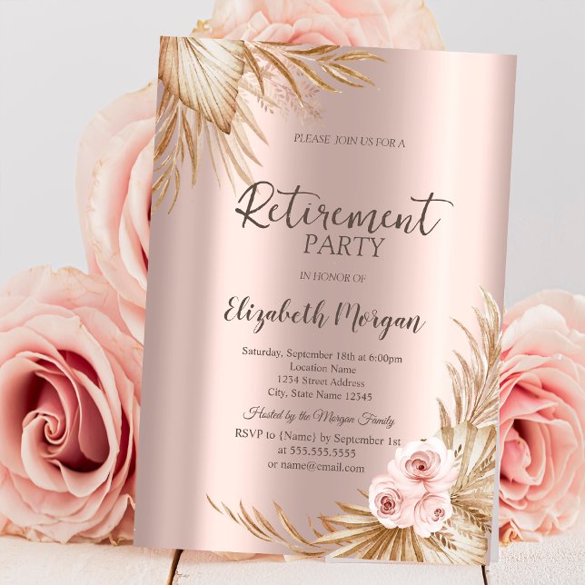 Invitation Fleurs Boho Pampas Rose Or Fête de Retraite (Créateur téléchargé)