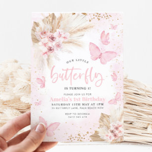 Invitation Fleurs Boho Papillon rose 1er anniversaire Floral