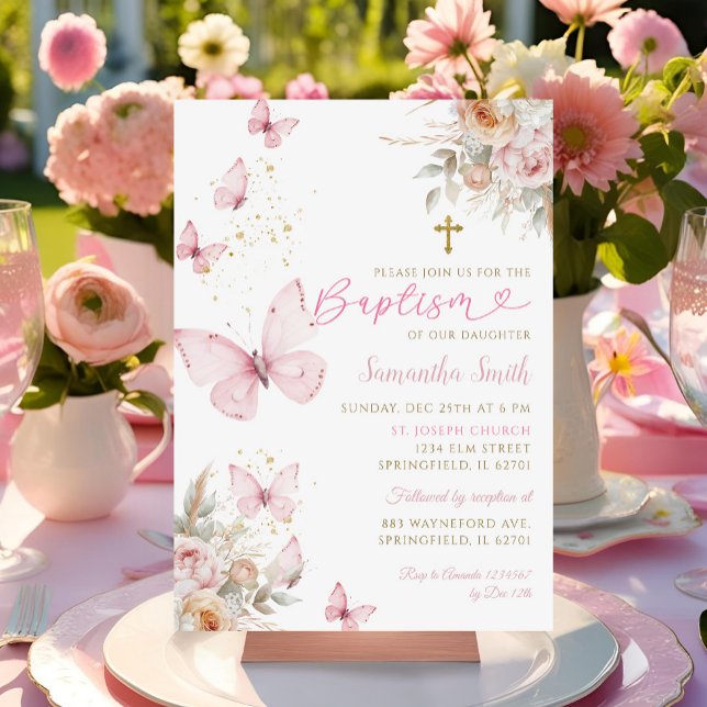 Invitation Fleurs Boho Papillons minimaliste Baptême Girl (Créateur téléchargé)