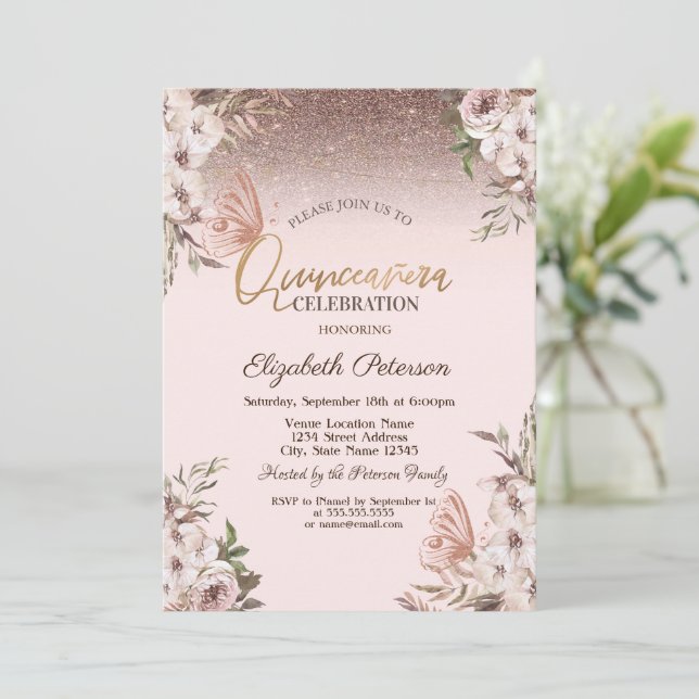 Invitation Fleurs Boho Papillons Pailletés Quinceañera (Debout devant)