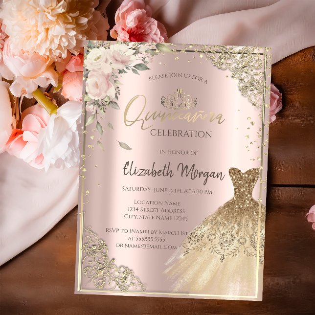 Invitation Fleurs Boho, robe à diamants Rose Gold Quinceañera (Créateur téléchargé)