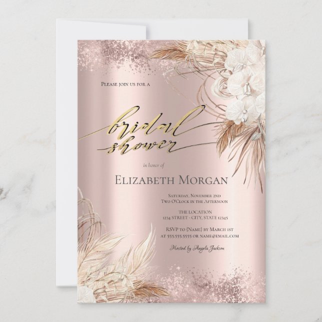 Invitation Fleurs Boho Rose Gold Confetti Enterrement de Vie  (Devant)