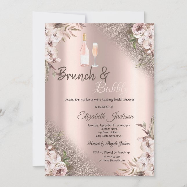 Invitation Fleurs Boho Rose Gold Paillettes  Brunch & Bubbly  (Devant)