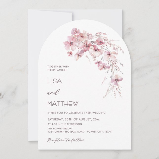 Invitation Fleurs Boho Rose Poussiéreux Mariage Casual Blanc (Devant)