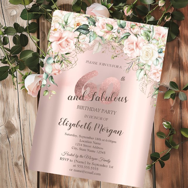 Invitation Fleurs Boho Roses Or Rose 60e Anniversaire (Créateur téléchargé)