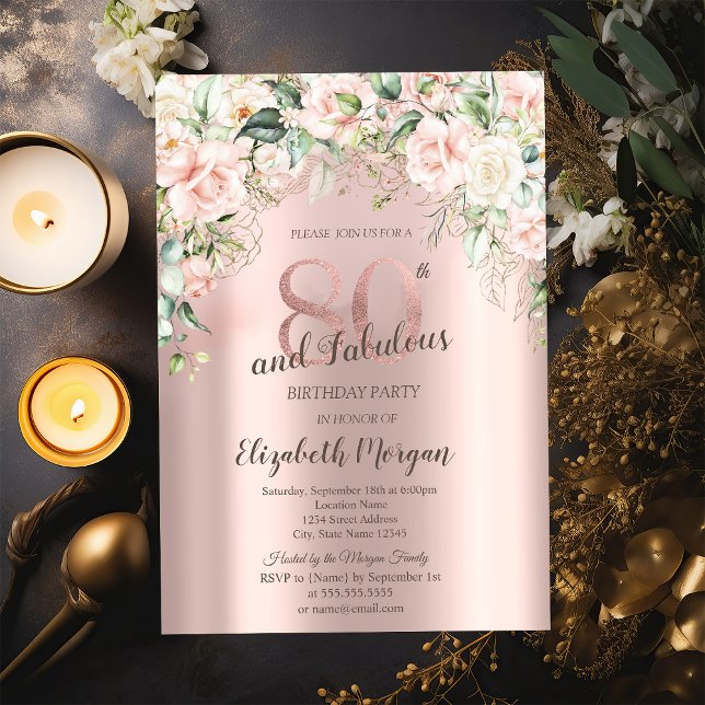 Invitation Fleurs Boho Roses Or Rose 80e Anniversaire (Créateur téléchargé)