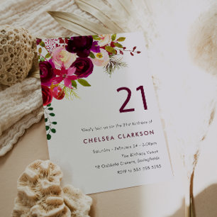 Invitation Fleurs Boho Rouge Bourgogne 21e fête d'anniversair