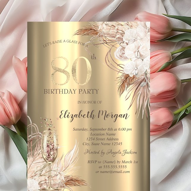 Invitation Fleurs Boho,Verre à Champagne Or 80e Anniversaire (Créateur téléchargé)
