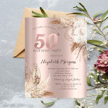 Invitation Fleurs Boho, Verre Champagne, Or Rose 50e<br><div class="desc">Elégant verre de champagne,  fleurs de boho sur un arrière - plan rose d'or.</div>