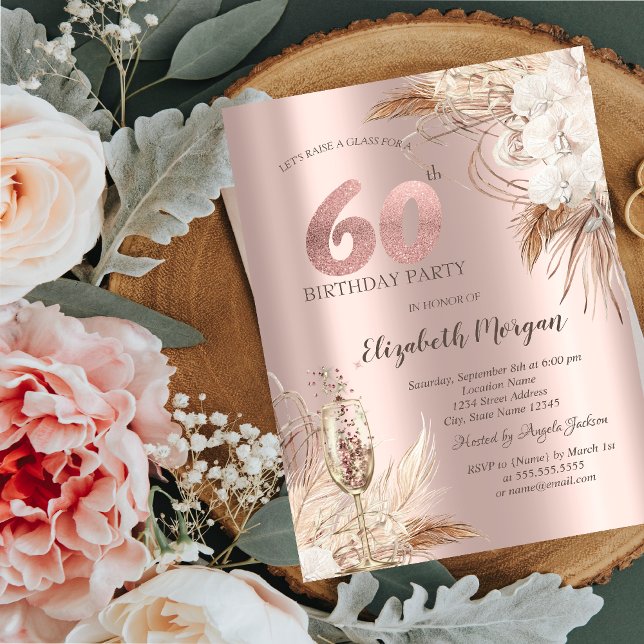 Invitation Fleurs Boho, Verre Champagne, Or Rose 60e (Créateur téléchargé)