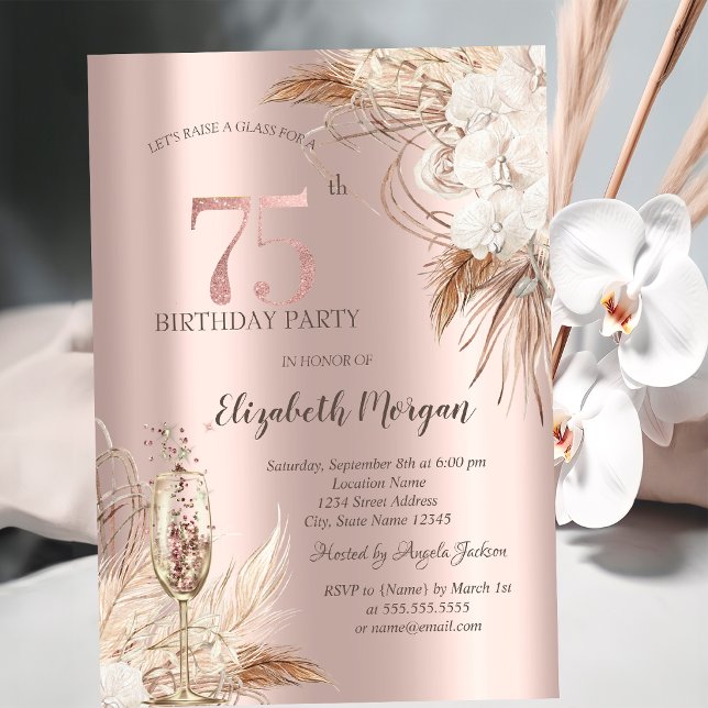 Invitation Fleurs Boho, Verre Champagne, Or Rose 75e (Créateur téléchargé)
