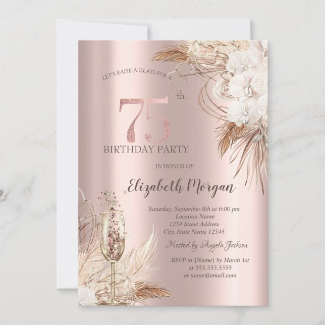 Invitation Fleurs Boho, Verre Champagne, Or Rose 75e (Devant)