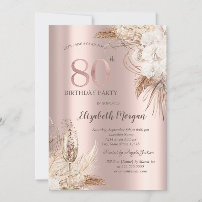 Invitation Fleurs Boho, Verre Champagne, Or Rose 80e (Devant)