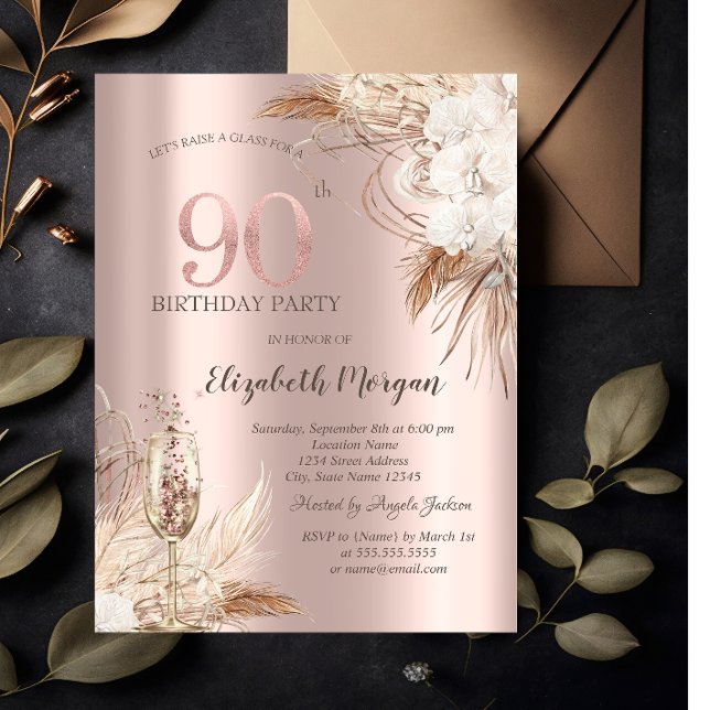 Invitation Fleurs Boho, Verre Champagne, Or Rose 90e (Créateur téléchargé)