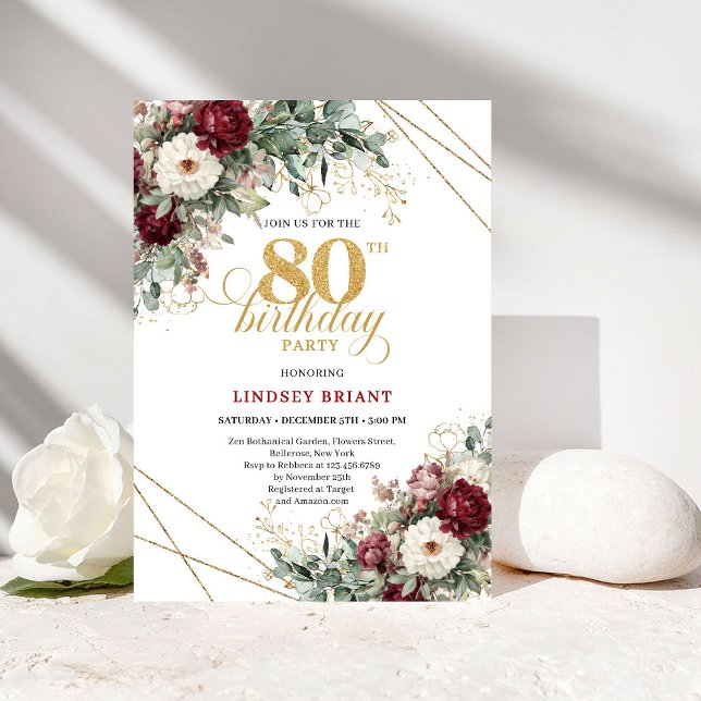 Invitation Fleurs bordeaux 80e anniversaire (Maroon Burgundy Flowers 80th Birthday)