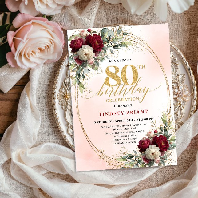 Invitation Fleurs bordeaux Blush bohème pour 80e anniversaire (Bohemian Blush Burgundy Flowers 80th Birthday Invite)