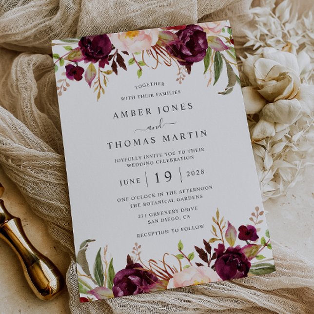 Invitation Fleurs Bordeaux Blush Floraison Mariage   (Créateur téléchargé)