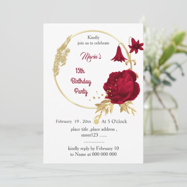 Invitation fleurs bordeaux et or couronne anniversaire (Debout devant)