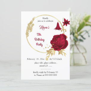 Invitation fleurs bordeaux et or couronne anniversaire