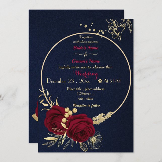 Invitation fleurs bordeaux or couronne mariage marine (Devant / Derrière)