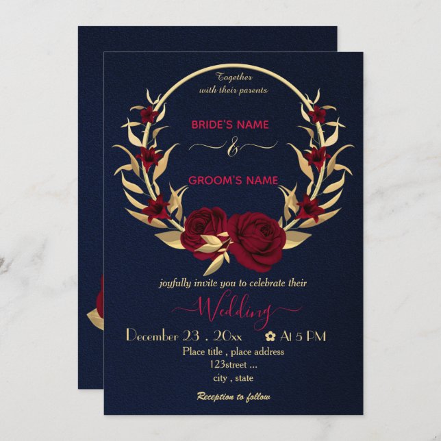 Invitation fleurs bordeaux or couronne mariage marine (Devant / Derrière)