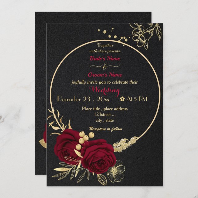 Invitation fleurs bordeaux or couronne noir mariage (Devant / Derrière)