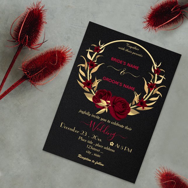 Invitation fleurs bordeaux or couronne noir mariage (Créateur téléchargé)