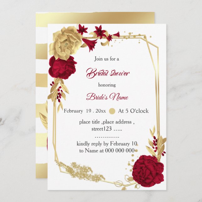 Invitation fleurs bordeaux & or douche géométrique nuptiale (Devant / Derrière)