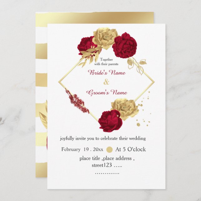 Invitation fleurs bordeaux & or élégant mariage géométrique (Devant / Derrière)