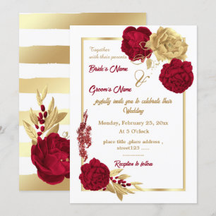 Invitation fleurs bordeaux & or élégant mariage géométrique