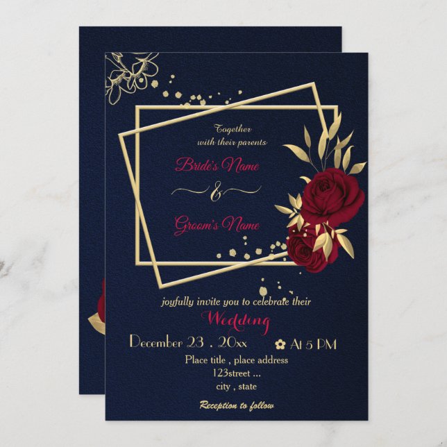 Invitation fleurs bordeaux or géométrique marine mariage (Devant / Derrière)