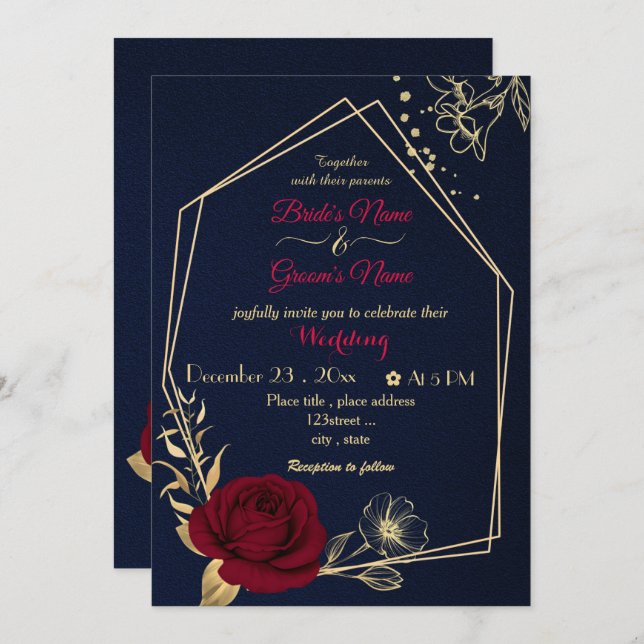 Invitation fleurs bordeaux or géométrique marine mariage (Devant / Derrière)