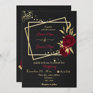 Invitation fleurs bordeaux or géométrique noir mariage