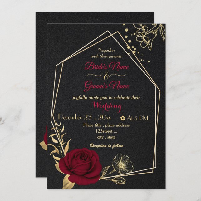 Invitation fleurs bordeaux or géométrique noir mariage (Devant / Derrière)