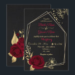Invitation fleurs bordeaux or géométrique noir mariage<br><div class="desc">élégantes fleurs de luxe bordeaux et or avec quelques feuilles d'or sur cadre géométrique faire-part de mariage noir Les détails de la parties scintillant sont simulés</div>
