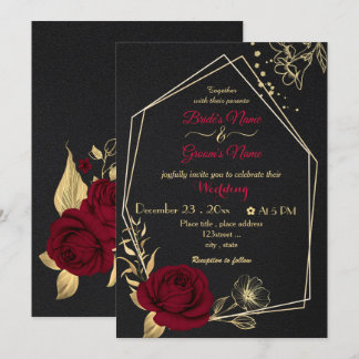Invitation fleurs bordeaux or géométrique noir mariage