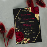 Invitation fleurs bordeaux or géométrique noir mariage<br><div class="desc">élégantes fleurs bordeaux de luxe avec quelques feuilles d'or faire-part de mariage noir géométrique Les détails de la parties scintillant sont simulés</div>