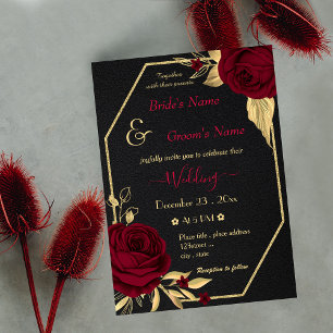 Invitation fleurs bordeaux or géométrique noir mariage