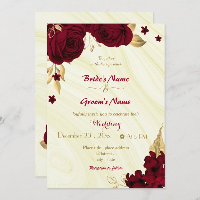 Invitation fleurs bordeaux or marbre fleuri mariage (Devant / Derrière)
