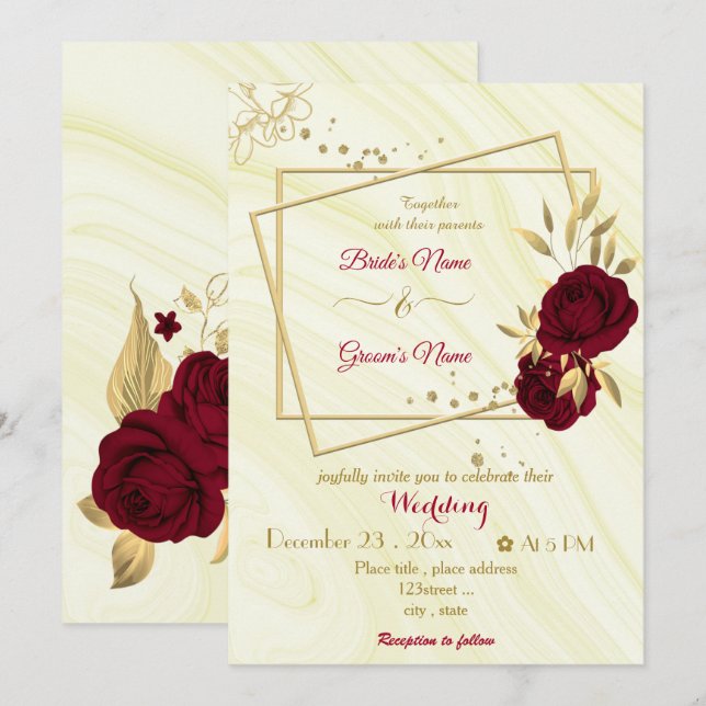 Invitation fleurs bordeaux or marbre géométrique mariage (Devant / Derrière)