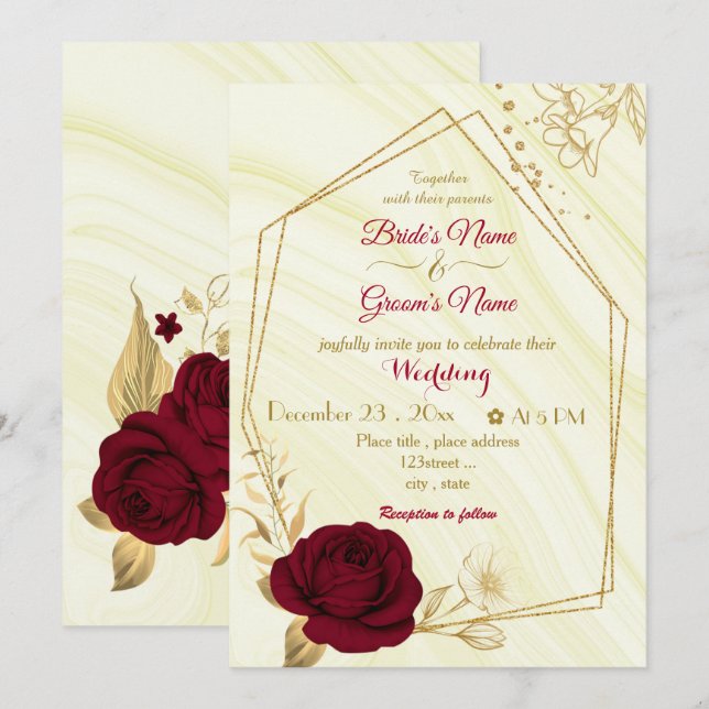 Invitation fleurs bordeaux or mariage géométrique (Devant / Derrière)