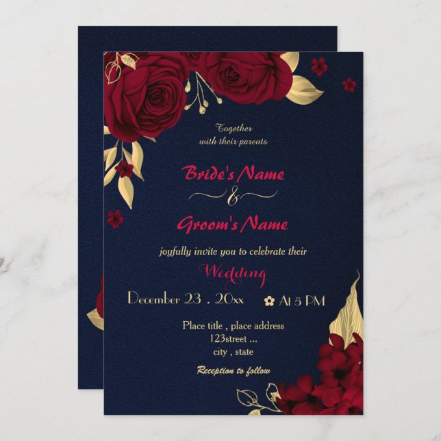 Invitation fleurs bordeaux or marine mariage (Devant / Derrière)