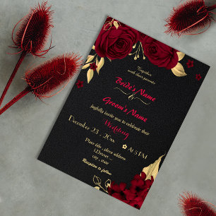 Invitation fleurs bordeaux or noir mariage