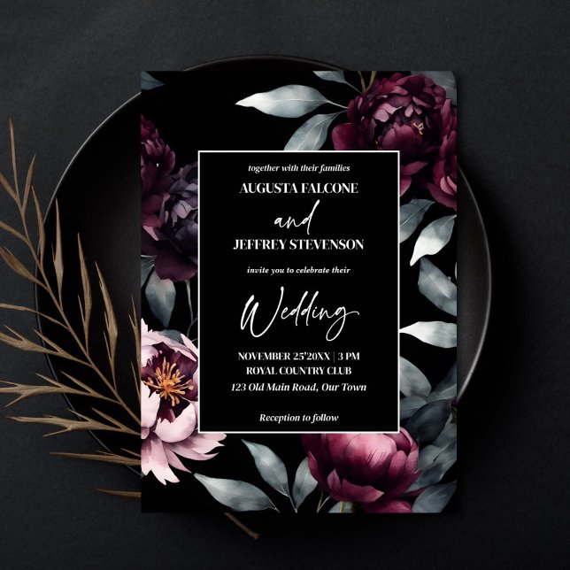 Invitation Fleurs bordeaux sombres élégantes tout en un (Dark moody burgundy flowers elegant all in one editable template wedding invitation digital download)