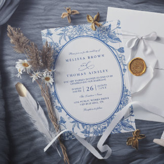 Invitation Fleurs botaniques aquarelles bleues Mariage élégan