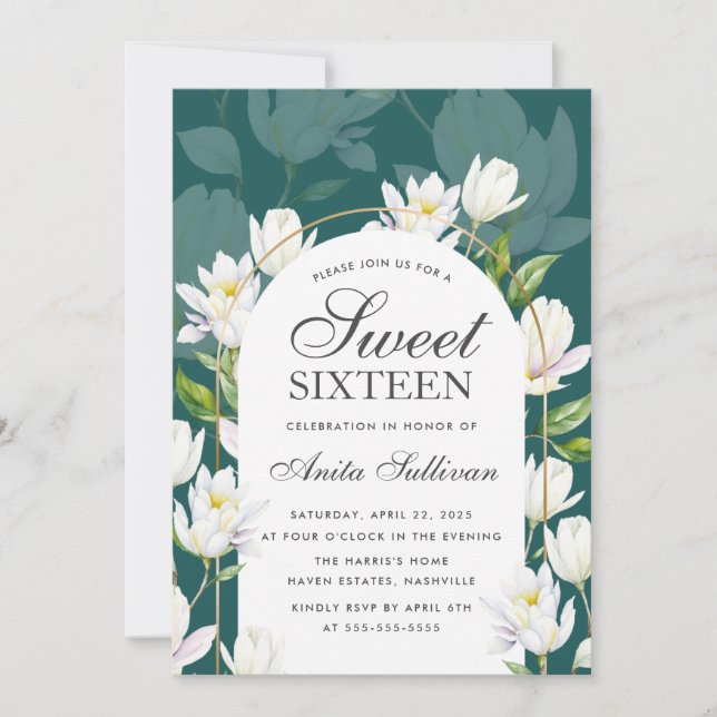 Invitation Fleurs botaniques blanches Sweet sixteen 16 Annive (Devant)