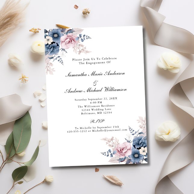 Invitation Fleurs botaniques bleu poussiéreux rose blush pour (Dusty Blue Blush Pink Floral Elegant Formal Engagement party invitation)