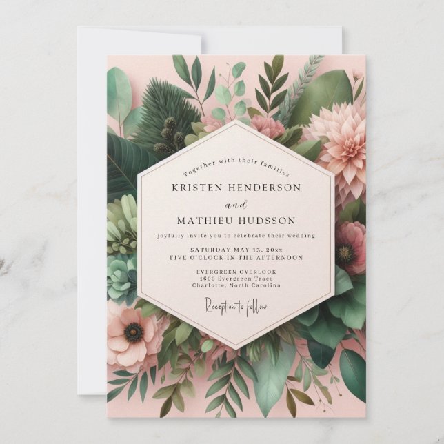Invitation Fleurs Botaniques Mariage Rose Poussiéreux (Devant)
